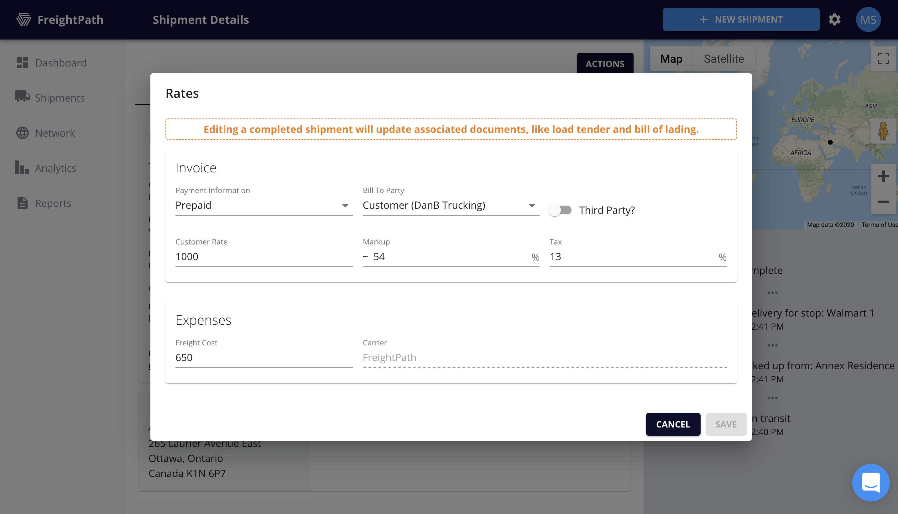 FreightPath Web Portal-Edit Rates