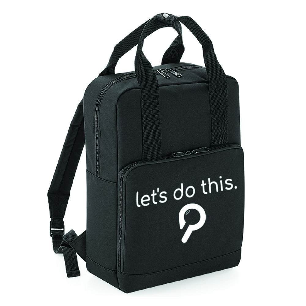 Black Let's do this Patchwork Hub backpack.