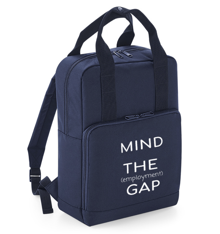 Mind the Employment Gap blue backpack.