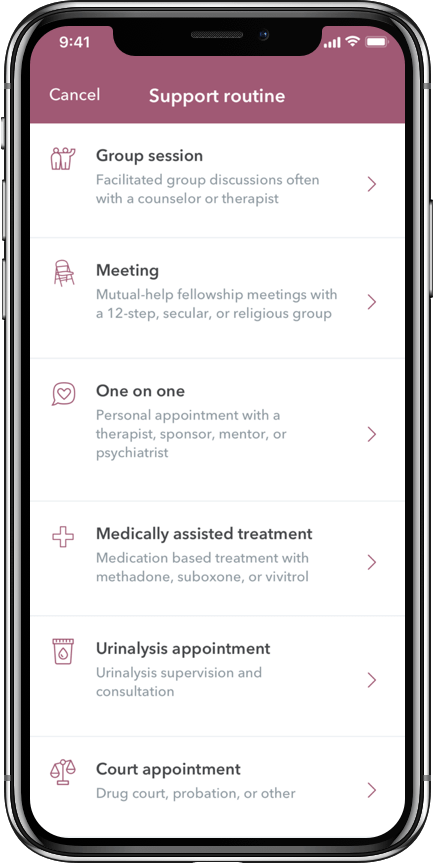 WEconnect app support routine types, group session, meeting, one on one, medically assisted treatment, urinalysis appointment, court appintment