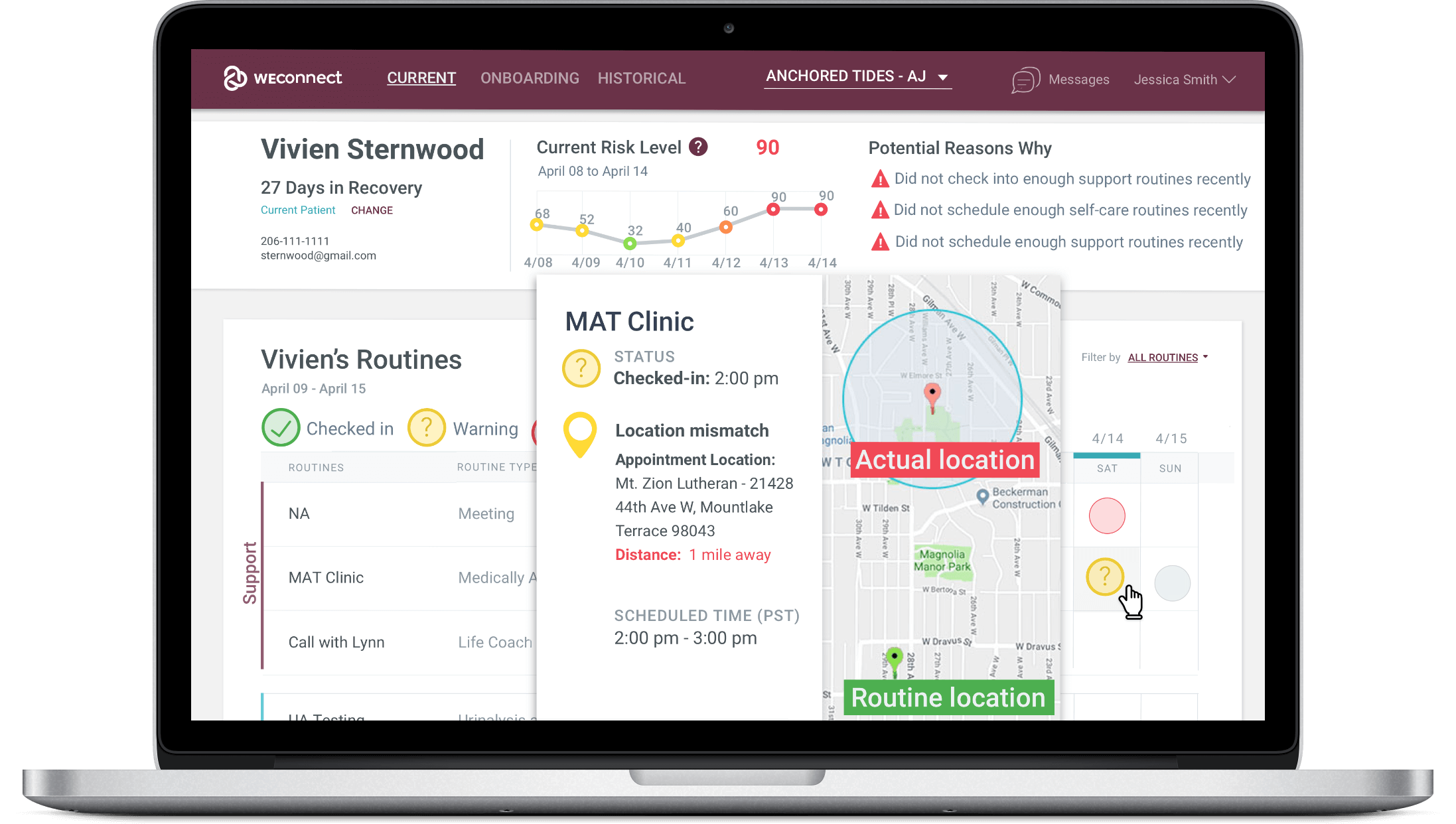 WEconnect data dashboard, check-in location mismatch warning