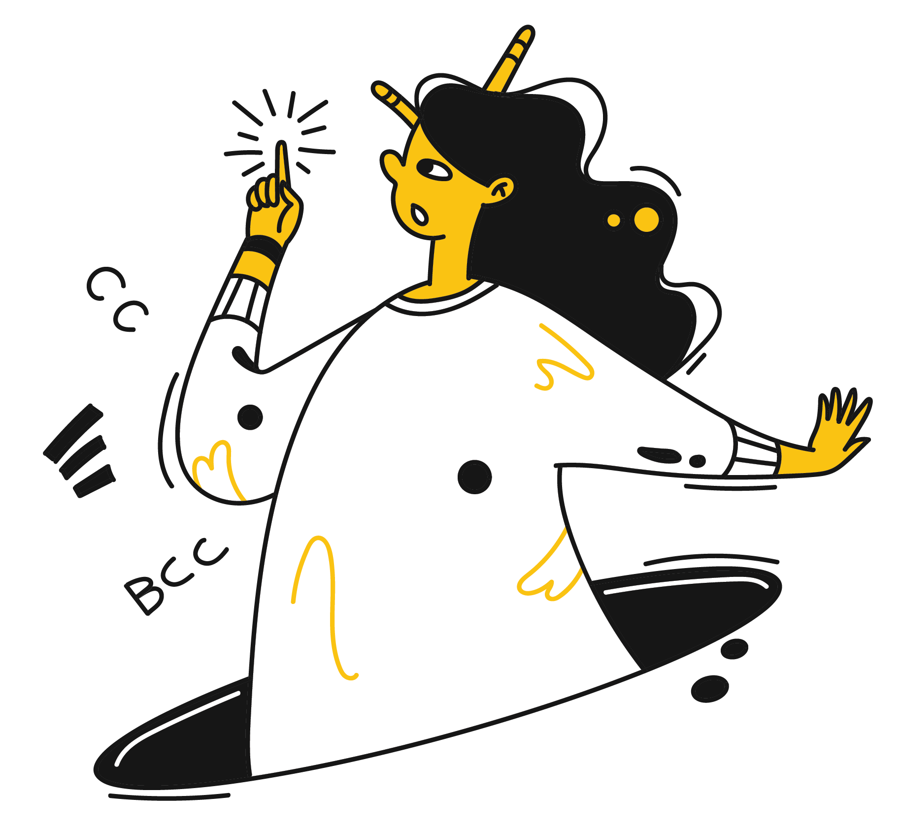 A woman points to upward with her finger implying that she has an idea.