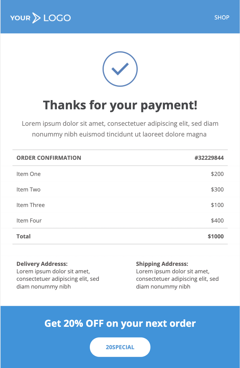 Transactional email template from Unlayer