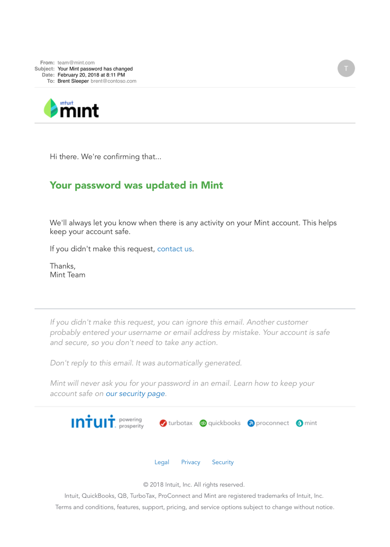 Notification email example from Mint