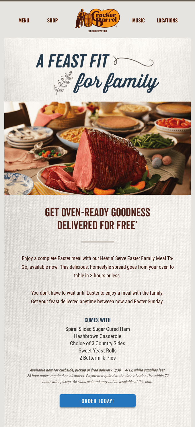 Easter email example from Cracker Barrel