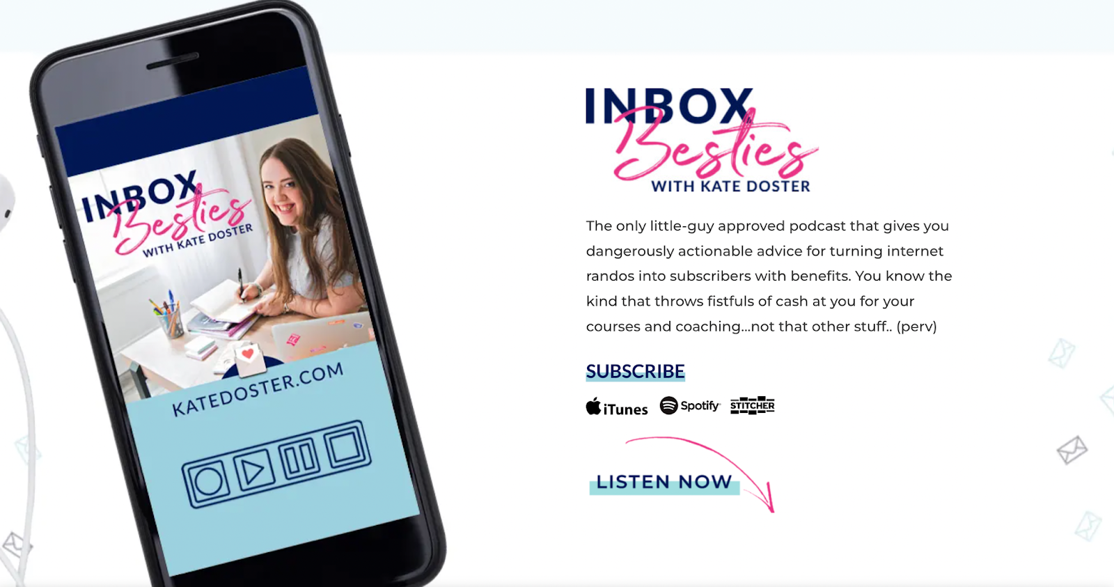 Homepage of the podcast, Inbox Besties with Kate Doster
