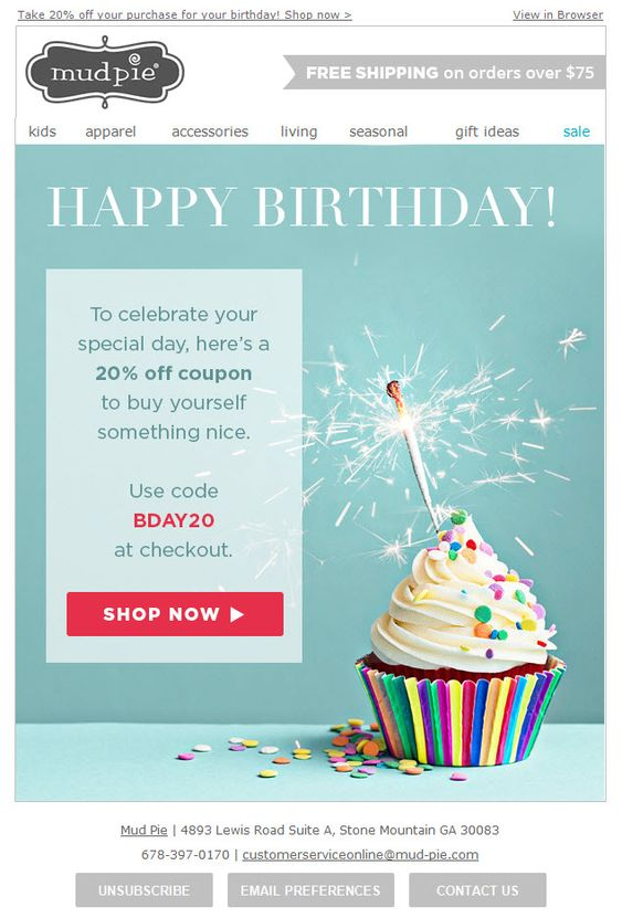 Birthday email example from Mud Pie