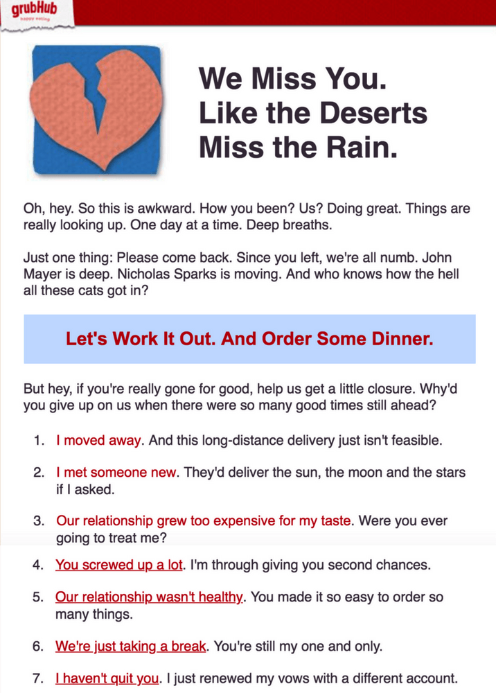 A email from Grubhub that asks customers for their feedback