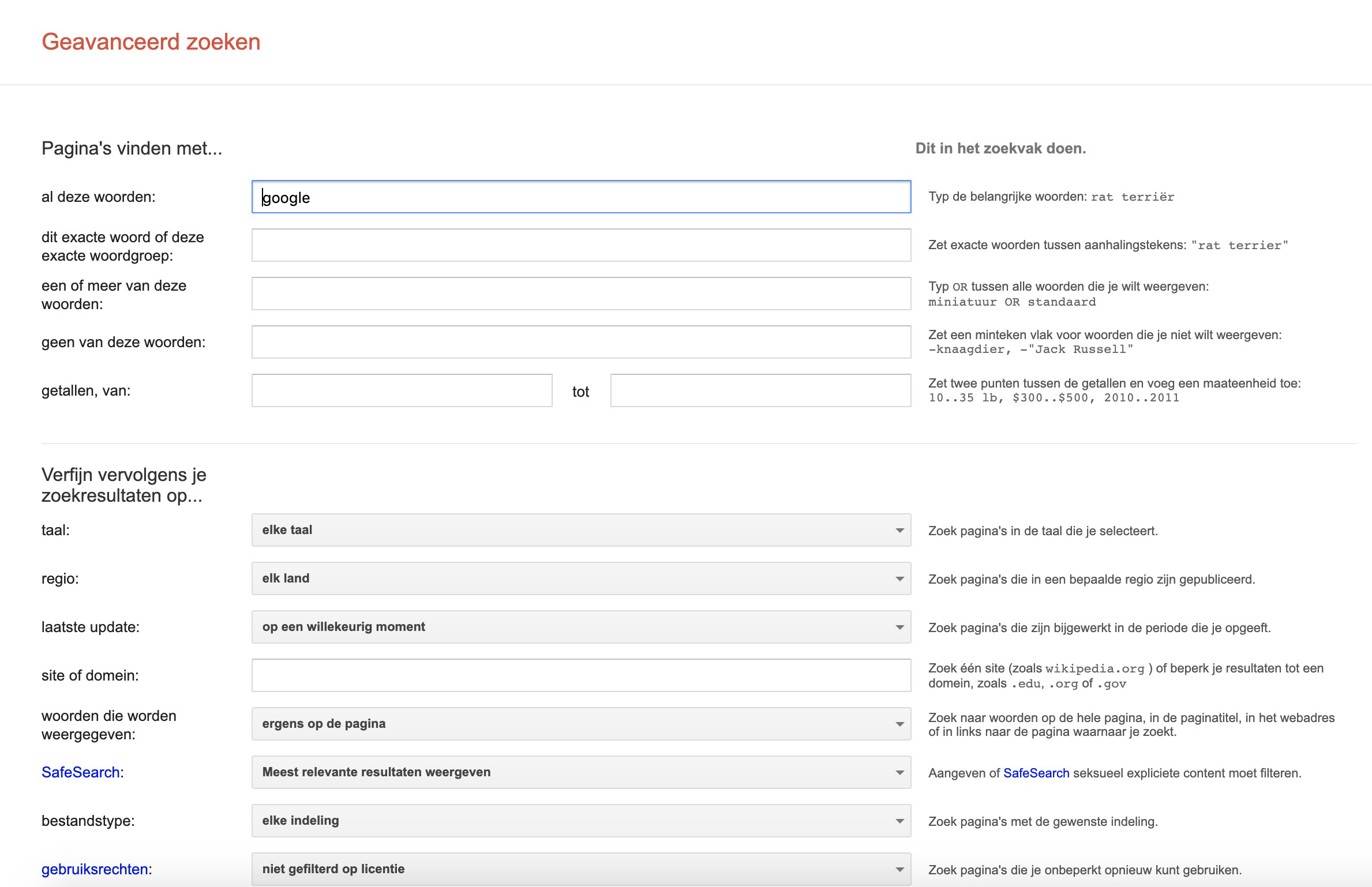 Google geavanceerd zoeken pagina