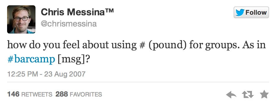 first hashtag post on twitter from Chris Messina