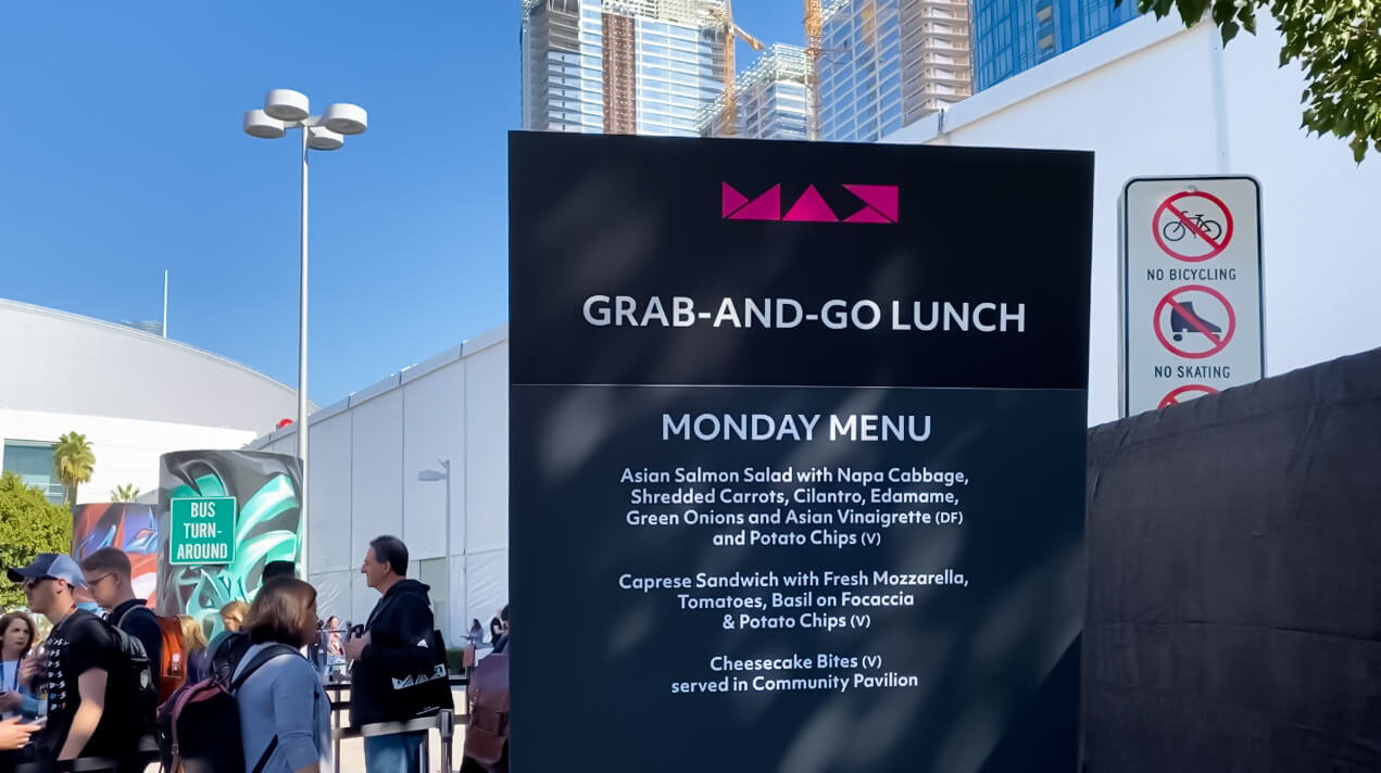 Lunch options featuring salmon salad, caprese sandwiches, and cheesecake bites