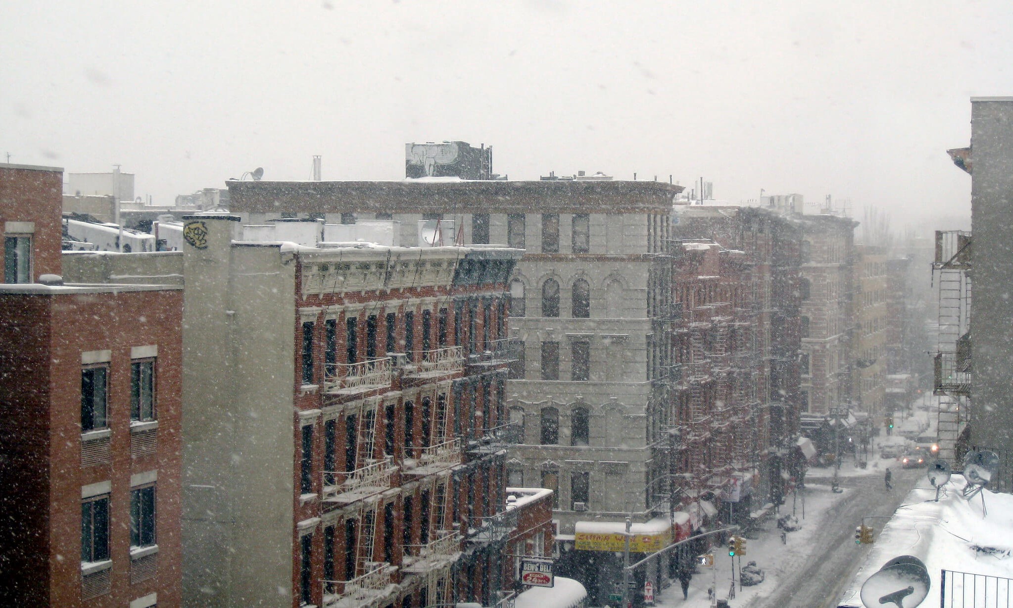 Alphabet city apartment buildings caught in a blizzard