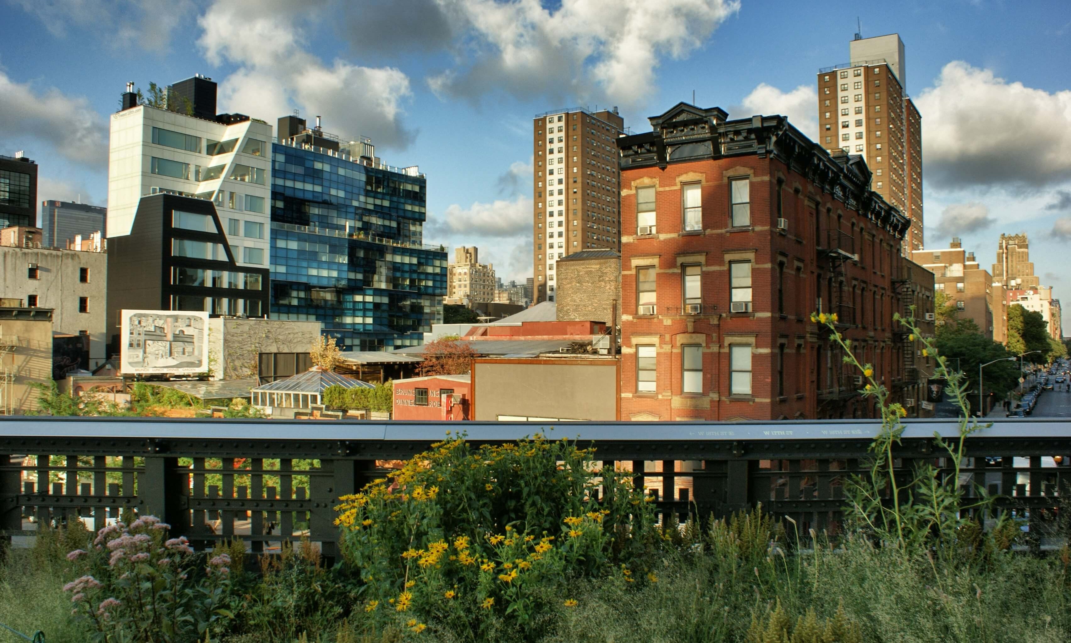 Chelsea park and flowers overlooking new buildings