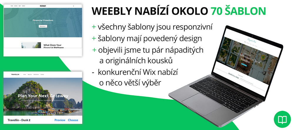 Infografika, která shrnuje kvalitu šablon od nástroje Weebly. Chválí hlavně responzivitu šablon a jejich design.