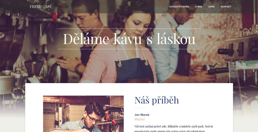 Šablona s motivem kavárny v editoru Webnode. Na šabloně jsou tři lidé připravující kávu - dva muži a jedna žena.