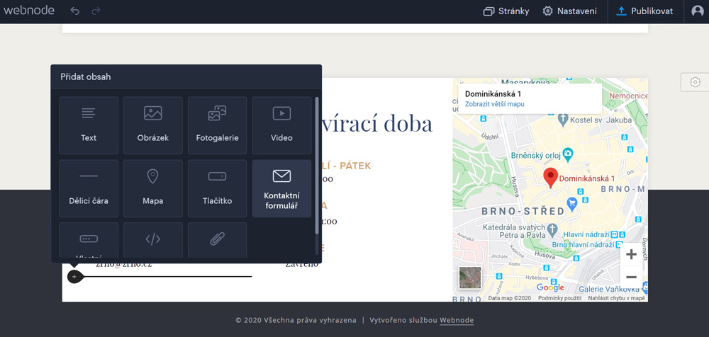 Editor nástroje Webnode, ve kterém probíhá přidávání prvků. Na výběr jsou prvky jako Obrázek, Fotogalerie, Video a další.