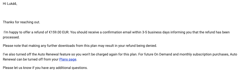 Email, který přišel ze Shutterstocku. Informuje nás, že nám Shutterstock vrátí jedno měsíční předplatné v hodnotě 159 euro.