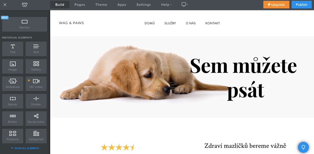 Editor nástroje Weebly, ve kterém je otevřena roztomilá šablona se psem. Prvky Weebly editoru jsou umístěny vlevo a nahoře.