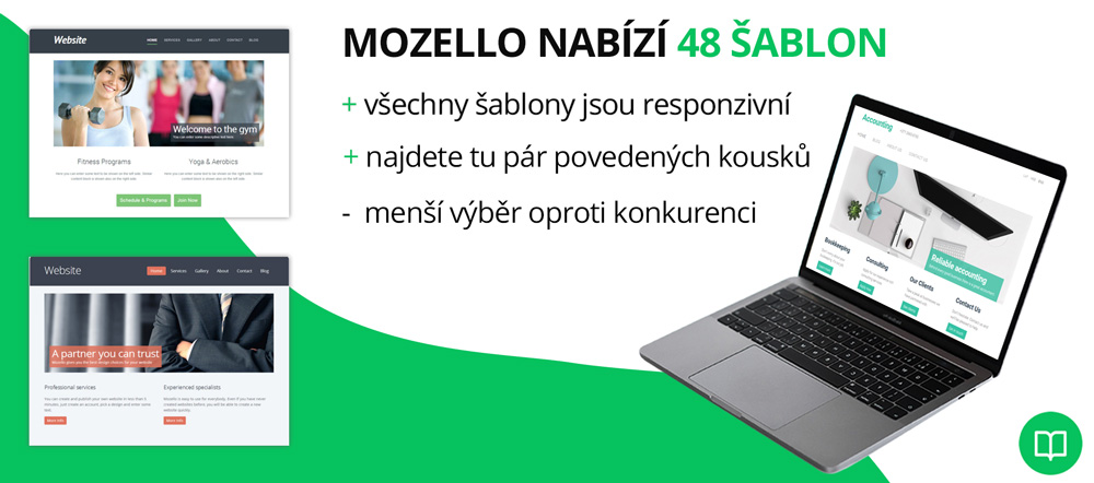 Infografika, která hodnotí kvalitu šablon nástroje Mozello. Chválí responzivitu, nelíbí se jí menší výběr oproti konkurenci.