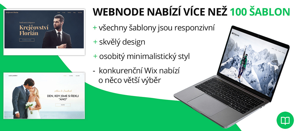 Infografika hodnotící šablony od Webnode. Jako plusy uvádí například skvělý design. Upozorňuje na Wix, který má větší výběr.