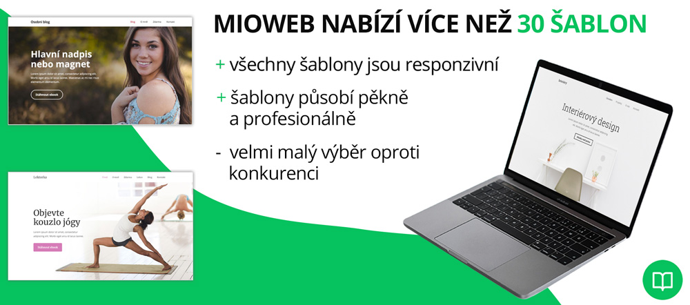 Infografika hodnotící kvalitu šablon nástroje Mioweb. Chválí například responzivitu, ale upozorňuje na malý výběr šablon.