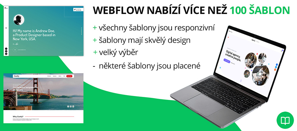 Infografika hodnotící kvalitu šablon od Webflow. Chválí velký výběr a nelíbí jí, že některé šablony jsou placené.