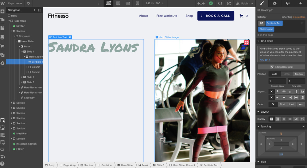 Editor nástroje Webflow, ve kterém je otevřena šablona s motivy fitness. Je na ní mladá žena. Prvky editoru jsou po stranách.