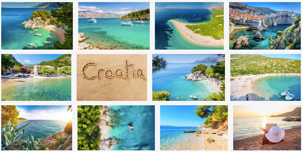 Koláž z fotografií pláží, které jsme našli na fotobance Adobe Stock. Celkem dvanáct krásných a optimistických fotografií.