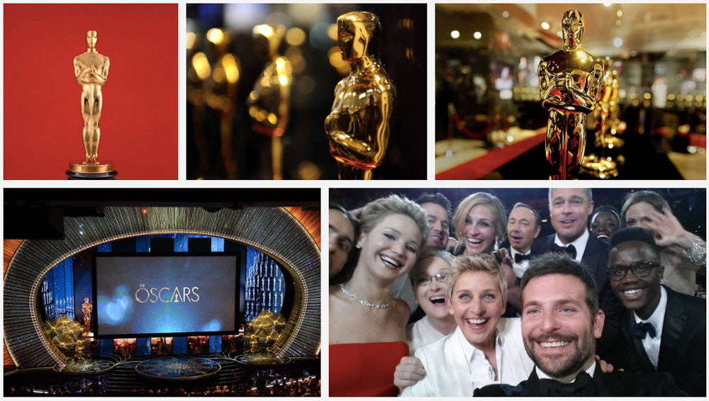Koláž z fotografií s tématikou Oscarů, které jsme našli na fotobance Getty Images. Koláž je z celkem pěti fotografií.