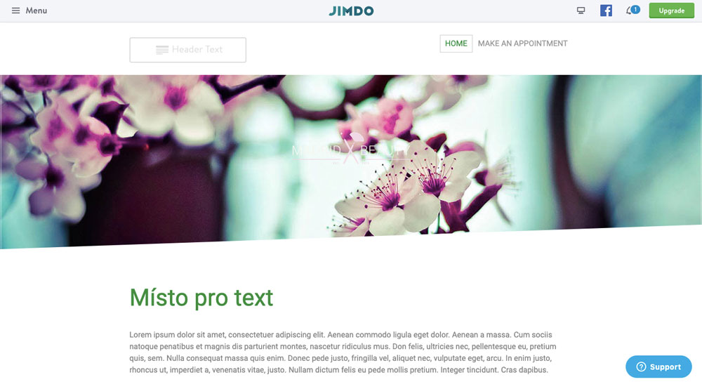 Editor nástroje Jimdo, ve kterém je otevřena šablona. Hlavním motivem jsou květy. Šablona nemá úplně moderní design.