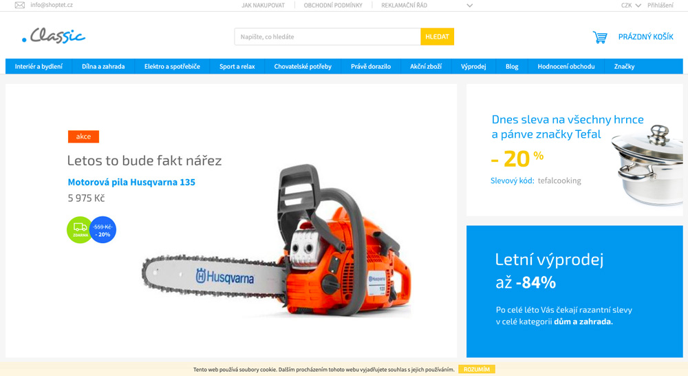 Modrá šablona Classic ve službě Shoptet. Vypadá přehledně a působí jako klasická eshopová šablona.