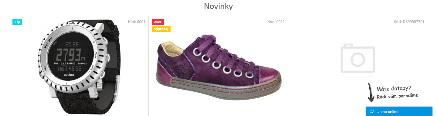 Úvodní stránka eshopu, který má v pravém dolním rohu ikonku livechatu. Ikonka je modrá a je na ní text "Jsme online".