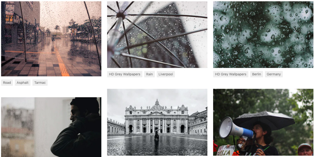 Šest fotografií deštivého dne na free fotobance Unsplash, které se objeví po zadání výrazu "rainy day".