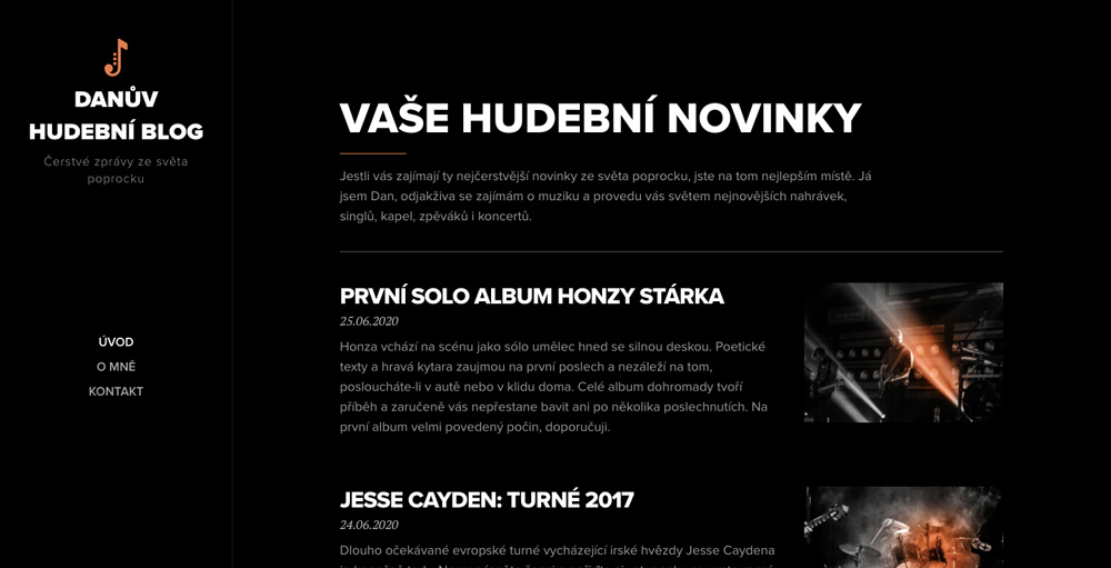 Šablona od Webnode pro hudební blog. Dominuje černá barva, text je bílý. V šabloně jsou také oranžové prvky, například logo.