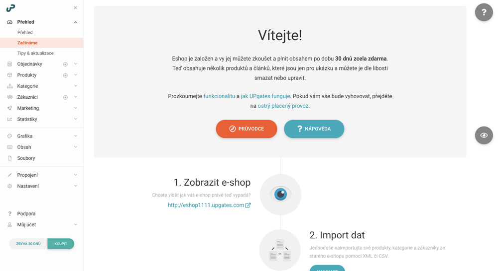 Uživatelské rozhraní eshopového nástroje UPgates, v němž probíhá nastavování a úpravy eshopu.
