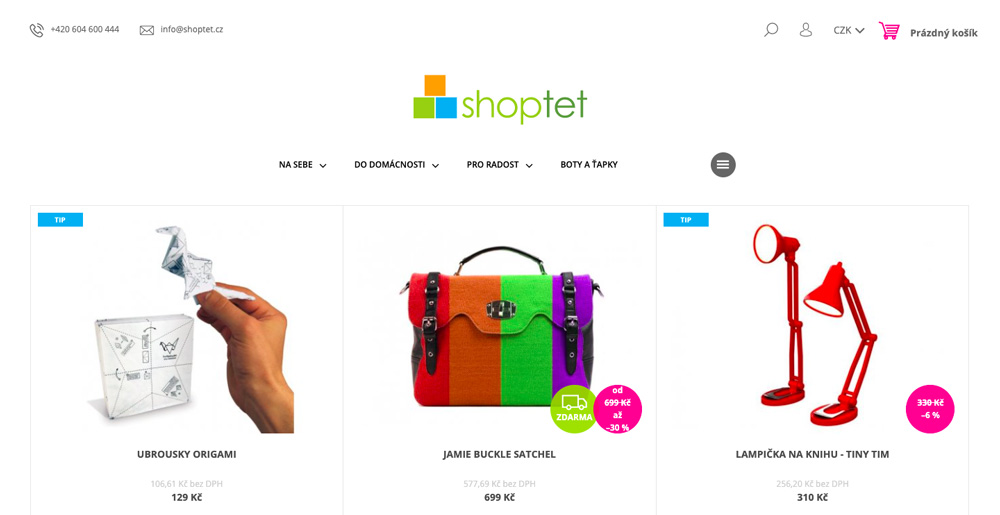 Šablona Tango od Shoptetu. Šablona je velmi vzdušná a velký prostor je zde věnován produktům. Dominuje bílá barva na pozadí.
