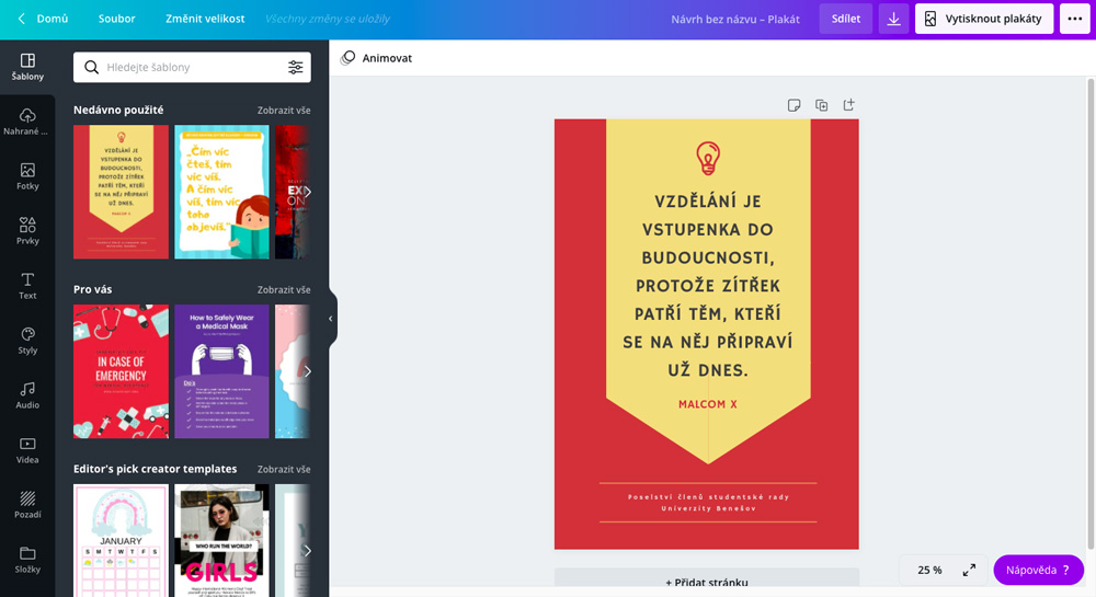 Jednoduchý grafický editor nástroje Canva, ve kterém se provádějí všechny úpravy. V editoru je otevřená šablona pro plakát.