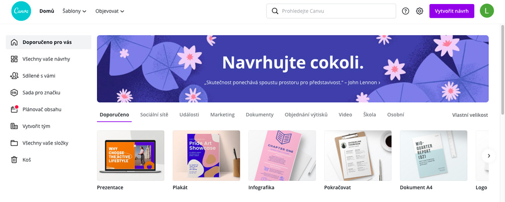 Úvodní obrazovka grafického nástroje Canva. V Canvě se dají vytvářet grafické návrhy pro letáky, životopisy či loga.