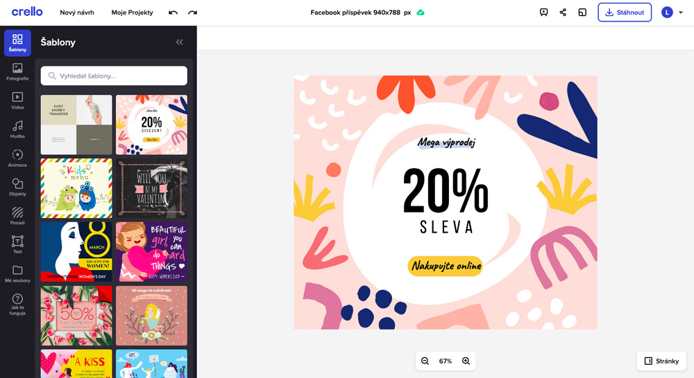 Grafický editor služby Crello. Je jednoduchý a intuitivní - všechny prvky najdete vlevo a hotové dílo vpravo.