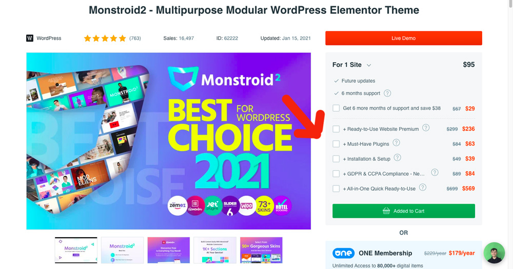 Stránka na webu TemplateMonster, kde probíhá nákup webové šablony. TemplateMonster nám k ní nabízí spoustu doplňkových služeb.