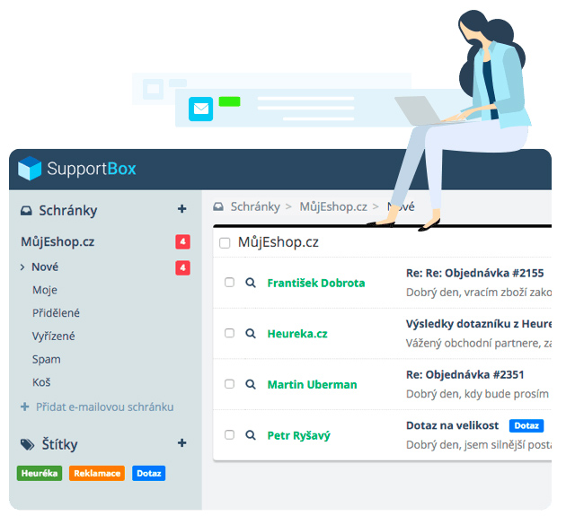 Ukázka emailového dashboardu u služby SupportBox. V dashboardu najdete všechny zprávy od vašich zákazníků.