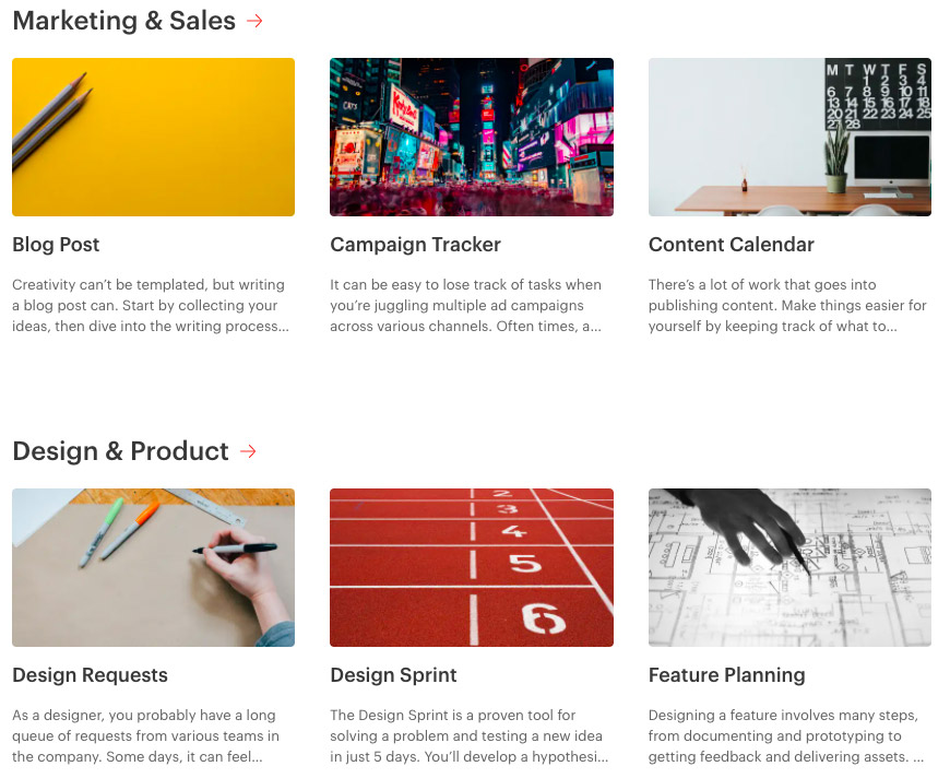 Šablony u nástroje Todoist, mezi kterými jsou například šablony pro Content Calendar, Design Request nebo Feature Planning.