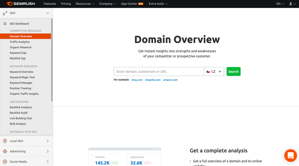 Dashboard nástroje Semrush, ve kterém je otevřená funkce domain overview, která ověří sílu nějaké konkrétní domény.