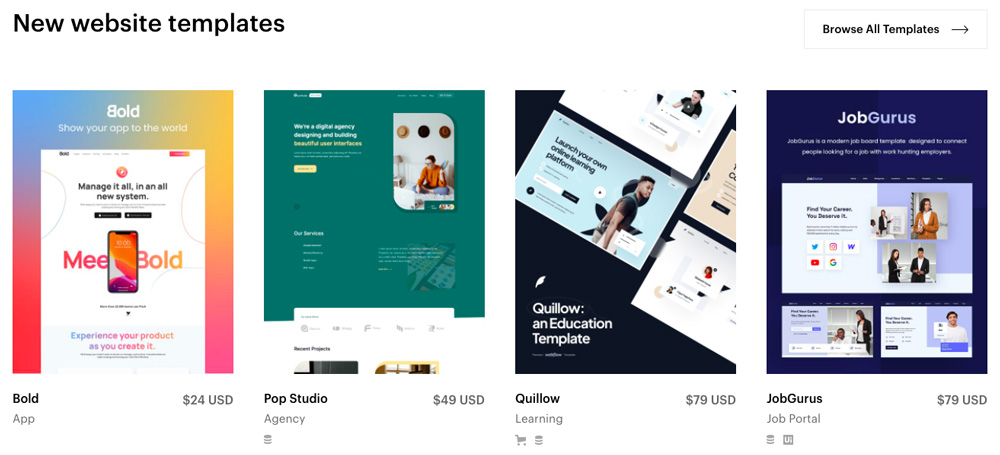 Čtyři šablony od Webflow, které mají velmi elegantní design. Šablony stojí 24, 49, 79 a 79 dolarů.