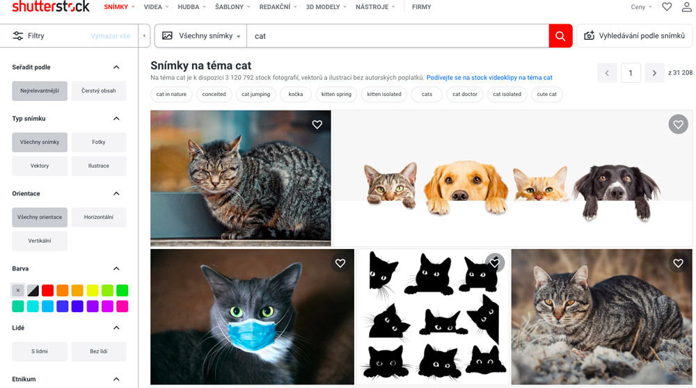 Stránka fotobanky Shutterstock, na které je ve vyhledávání zadán výraz "cat". Na stránce se ukazují fotky koček.