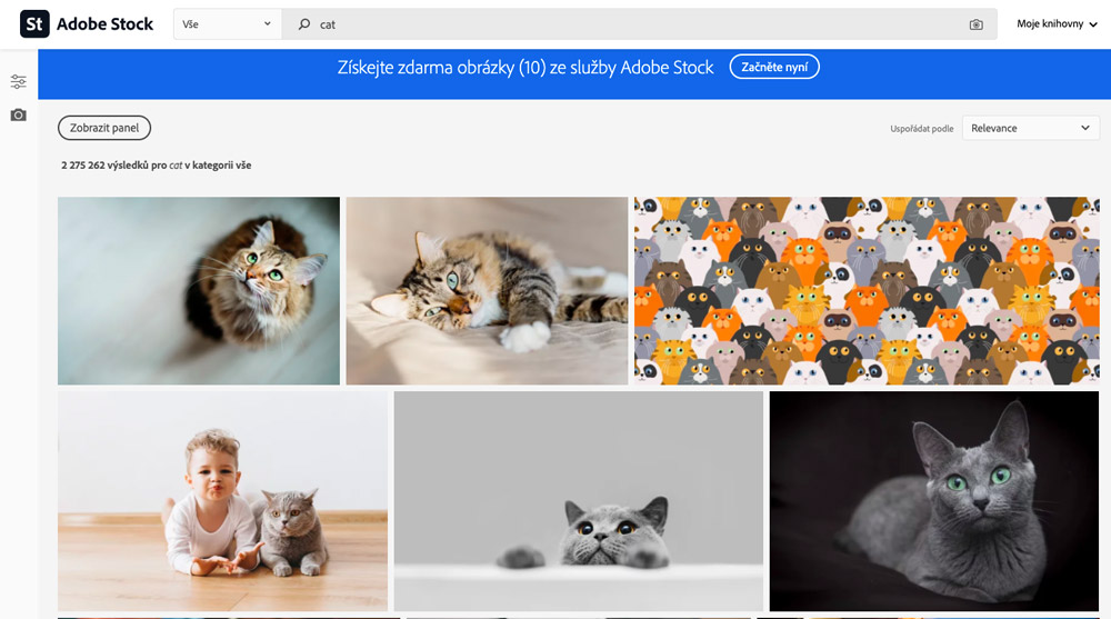 Stránka fotobanky Adobe Stock, na které je ve vyhledávání zadán výraz "cat". Na stránce se ukazují fotky koček.