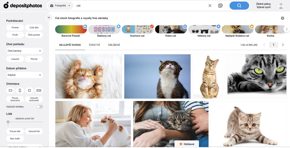 Stránka fotobanky Depositphotos, na které je ve vyhledávání zadán výraz "cat". Na stránce se ukazují fotky koček.