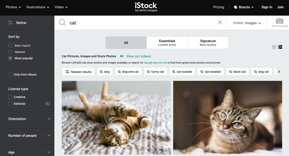 Stránka fotobanky iStock, na které je ve vyhledávání zadán výraz "cat". Na stránce se ukazují fotky koček.