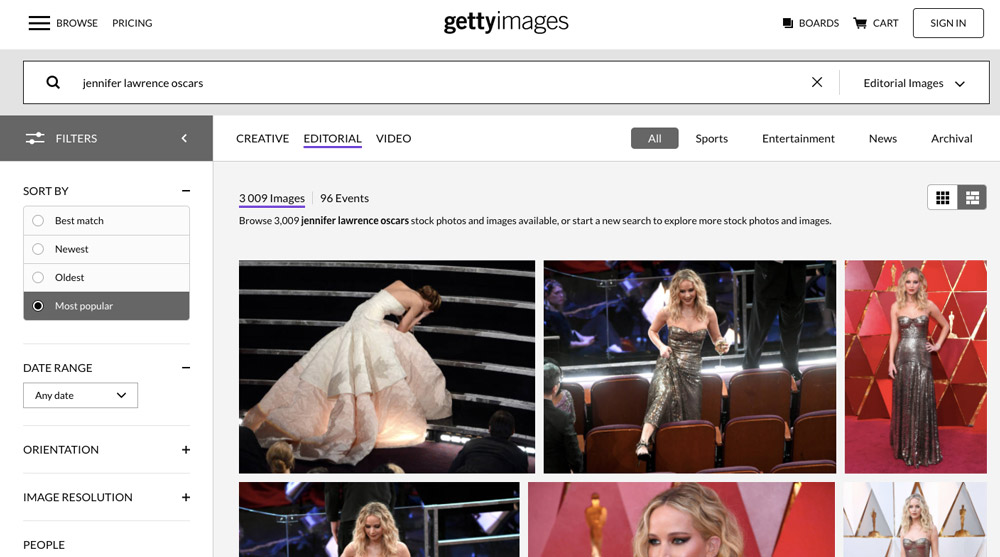 Stránka fotobanky Getty Images, na které je ve vyhledávání zadán výraz "jennifer lawrence oscars".