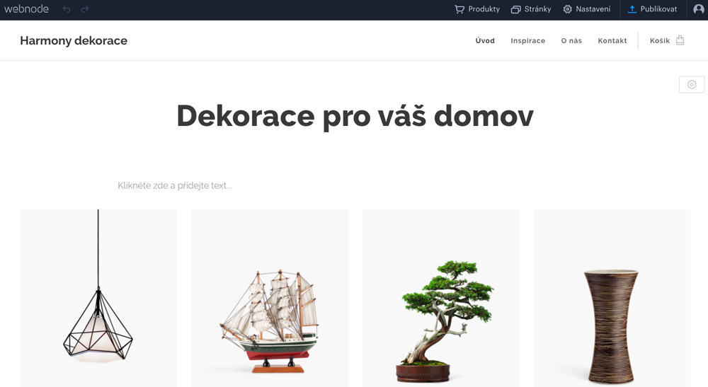 Dashboard nástroje Webnode. V dashboardu je otevřená šablona pro eshop s dekoracemi.